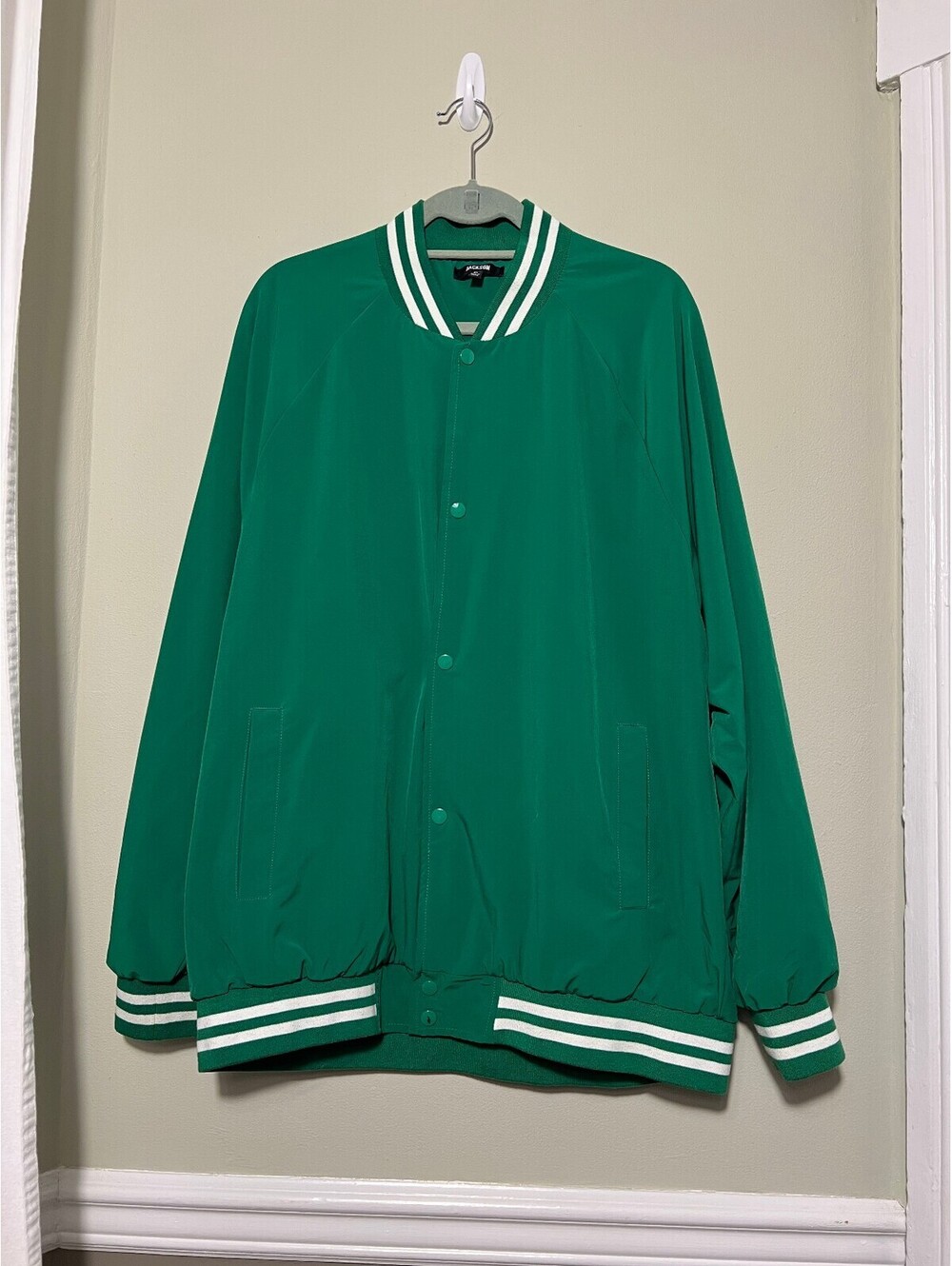 Jackson Green Varsity Jacket with White Striped Ribbed Trim XL